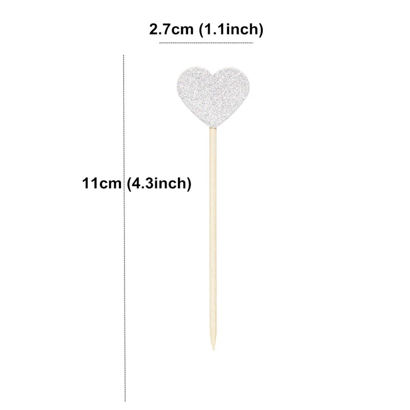 Ercadio Glitter Heart Cupcake Toppers Cupcake Picks for Love Theme Wedding Engagement Bridal Shower Party Cake Decoration 40 Pack Silver - Image 2